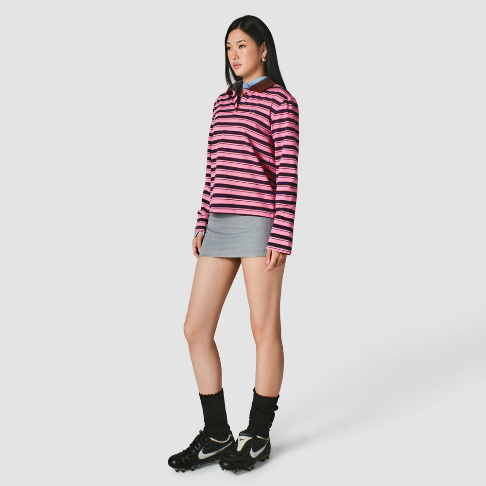 
                      
                        Pink Striped Polo Long Top
                      
                    