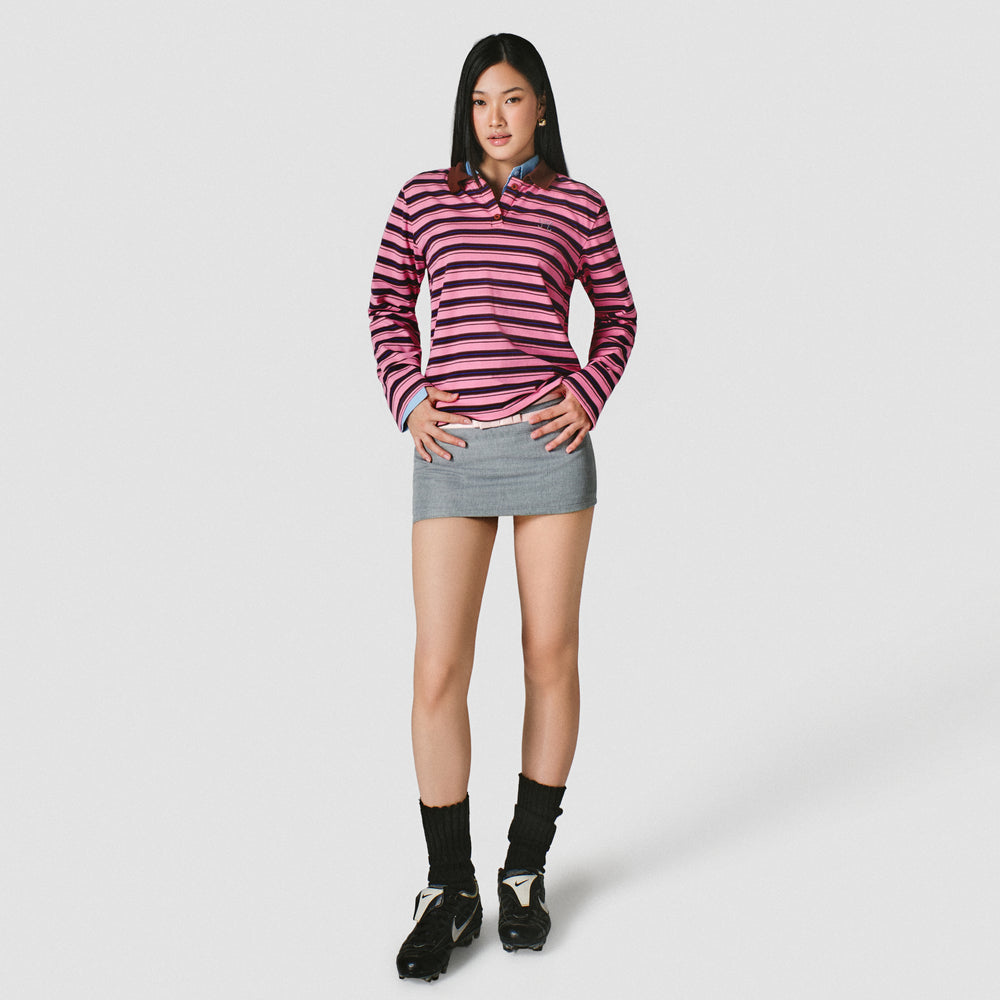
                      
                        Pink Striped Polo Long Top
                      
                    
